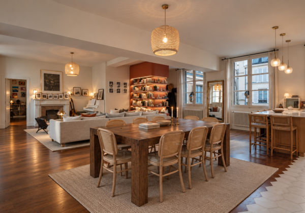Salon et salle à manger sur parquet, cheminée et bibliothèque – 3 appartements dans un hôtel particulier, Paris 6
